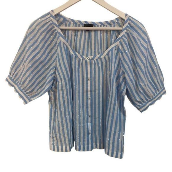 Talbots puff sleeve white and blue striped scalloped sleeve small metallic - Picture 1 of 5